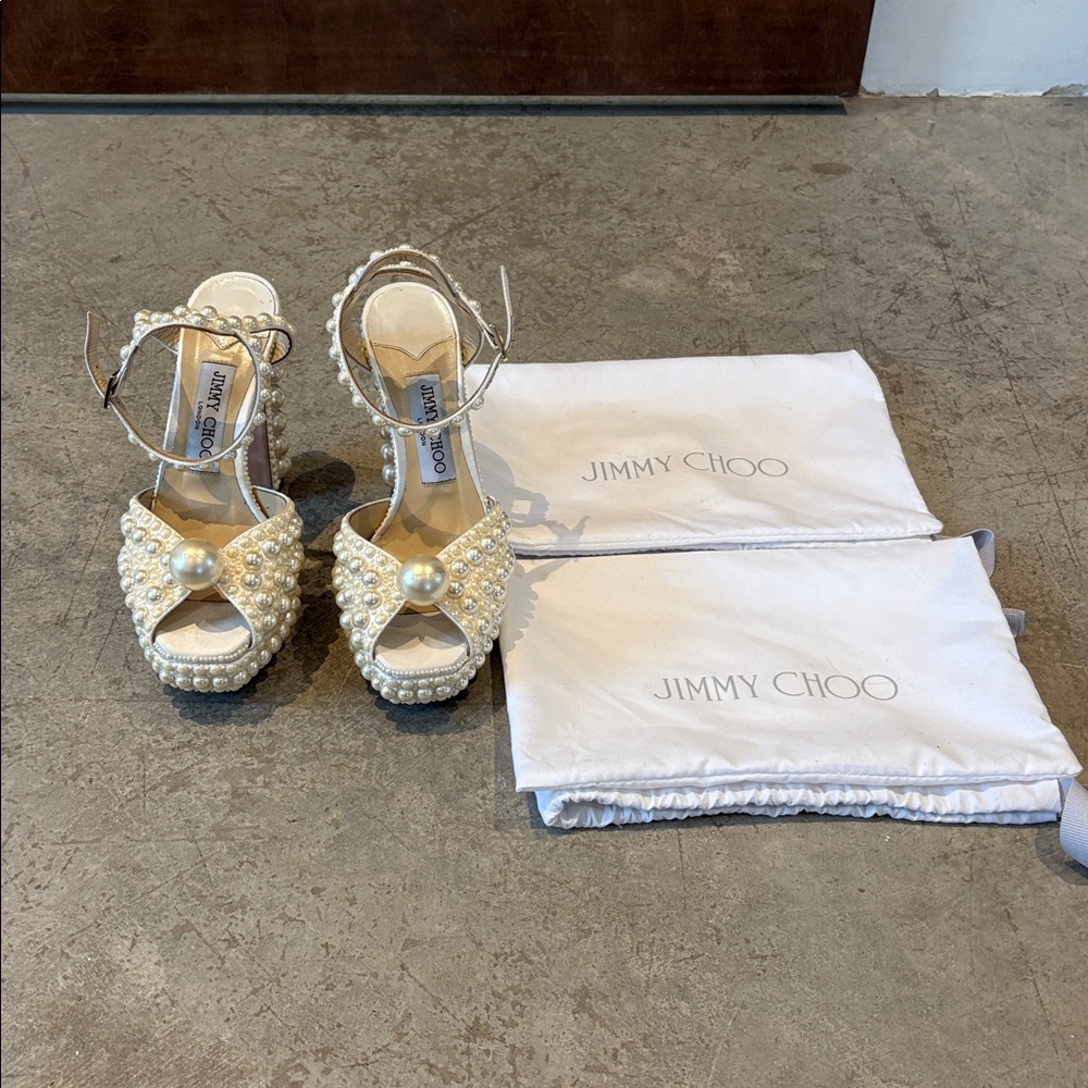 Jimmy Choo Pearl-Studded Ivory Heels - Picture 8 of 14